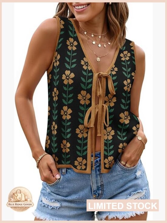 Sweaters - Tie Front Sleeveless Knit Sweater Vest Y2K Classic Loose Fit Summer Tank Top